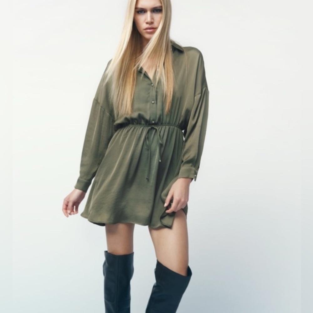 NWOT Zara Satin Effect Olive Green Shirt Dress Size S